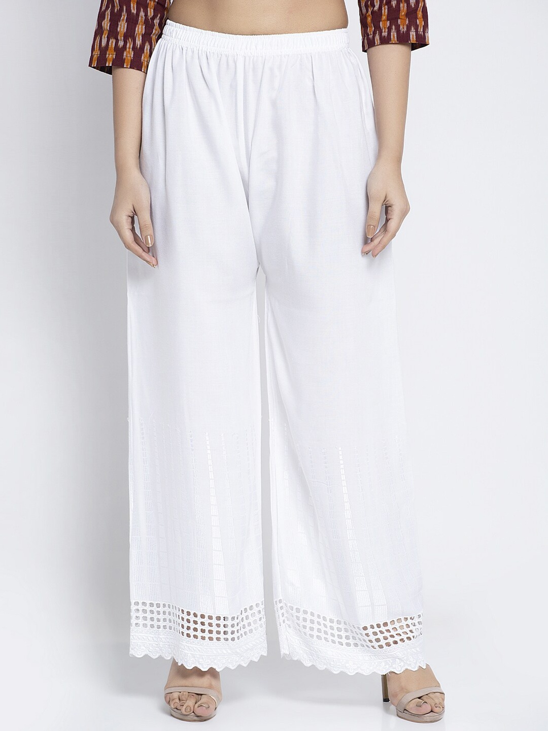 

Jinfo Women White Printed Knitted Ethnic Palazzos