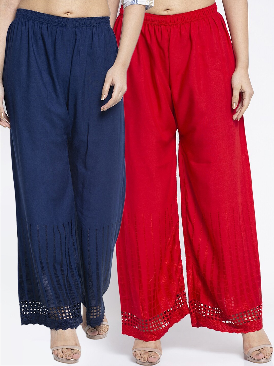 

Jinfo Women Pack of 2 Red & Navy Blue Printed Flared Knitted Ethnic Palazzos