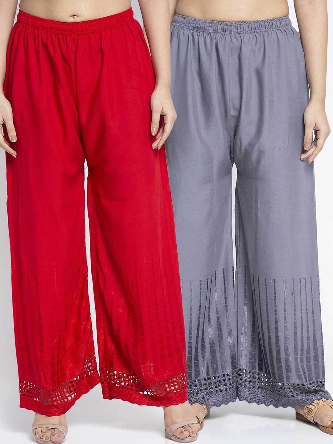 

Jinfo Women Pack of 2 Red & Grey Flared Ethnic Palazzos