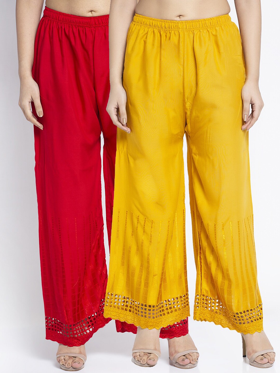 

Jinfo Women Red & Yellow Set of 2 Self Design Flared Ethnic Palazzos