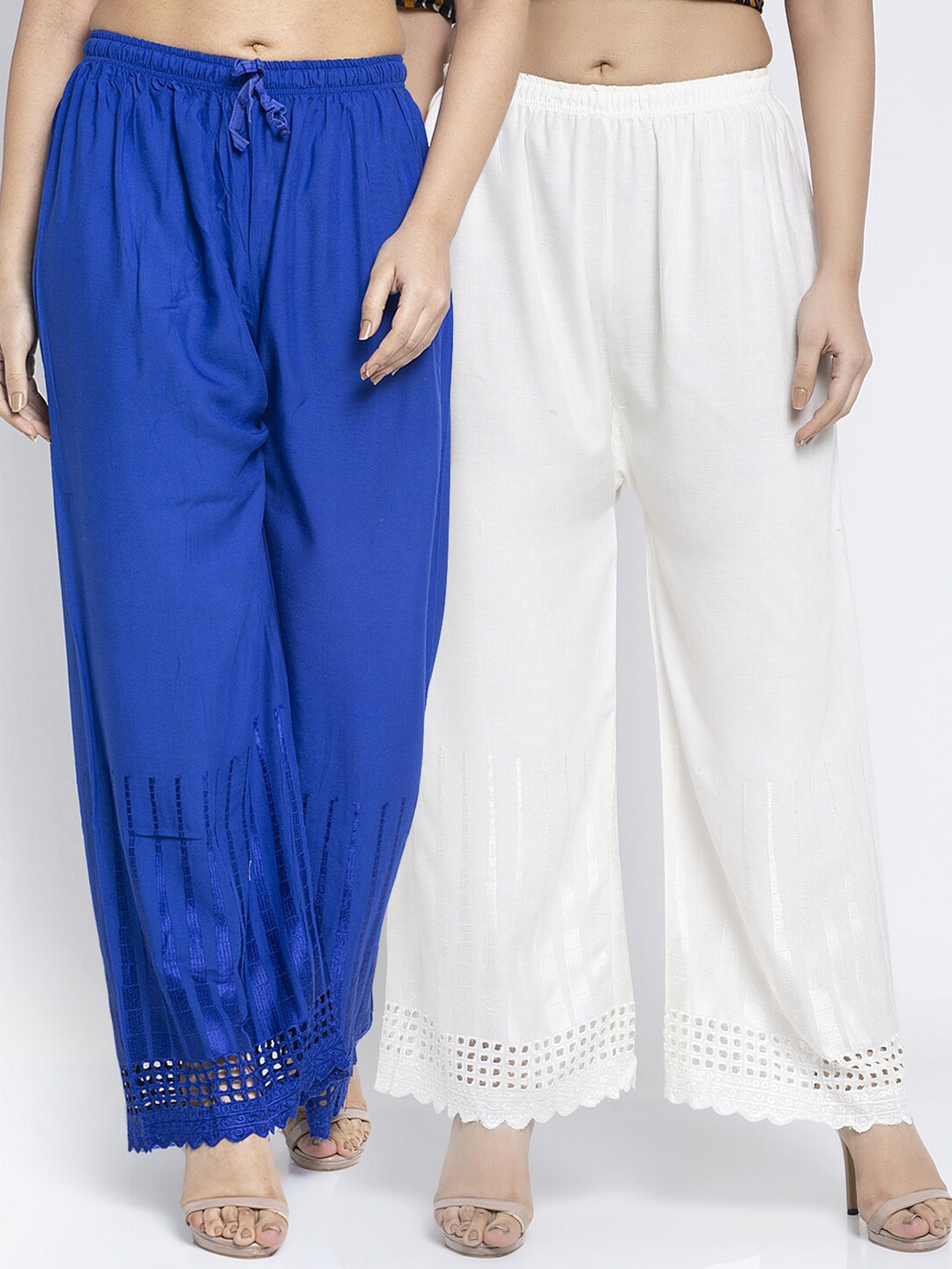 

Jinfo Women Blue & White Set of 2 Ethnic Motifs Printed Flared Knitted Palazzos