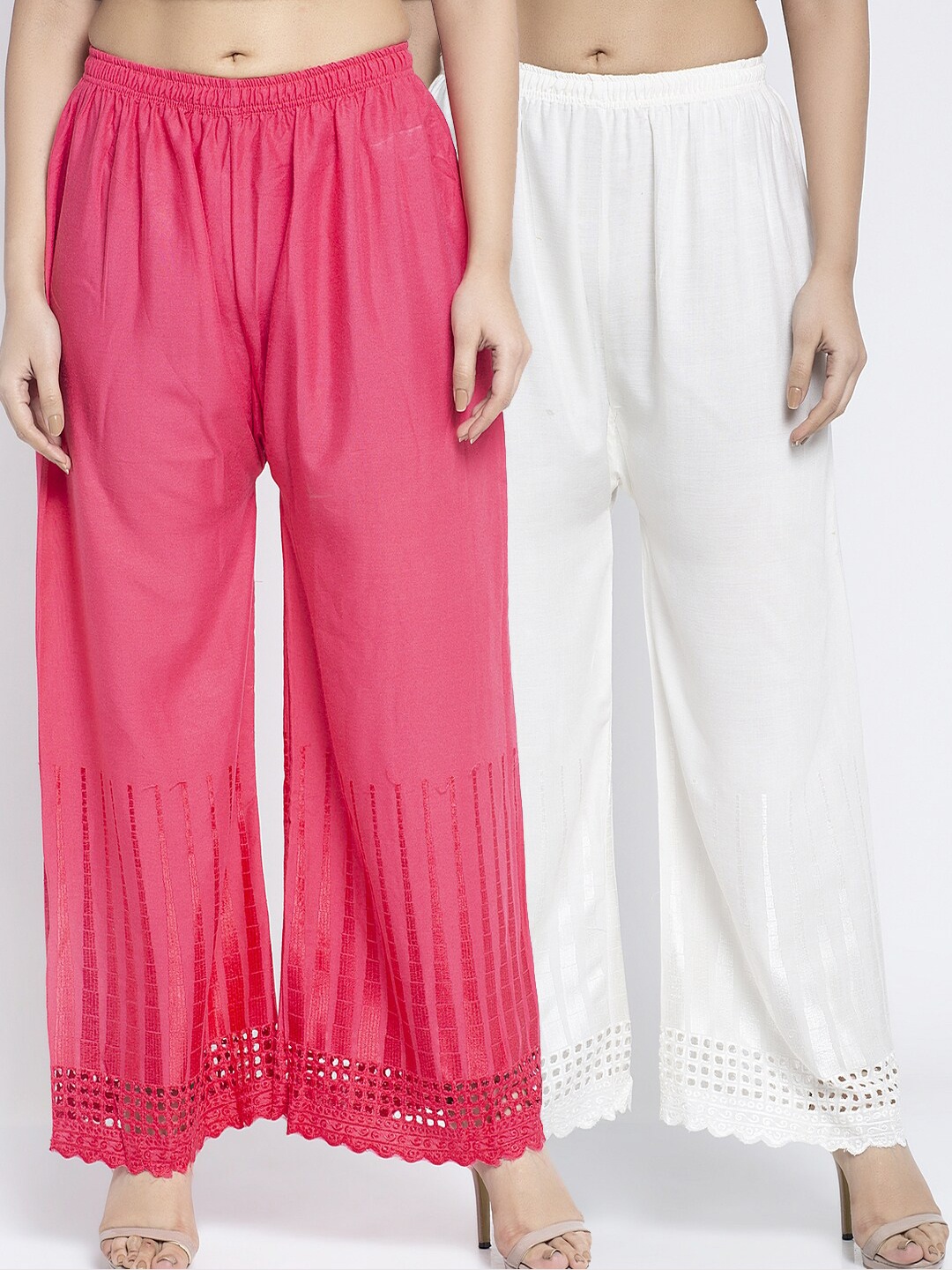 

Jinfo Women Pink & White Set of 2 Self Design Flared Ethnic Palazzos