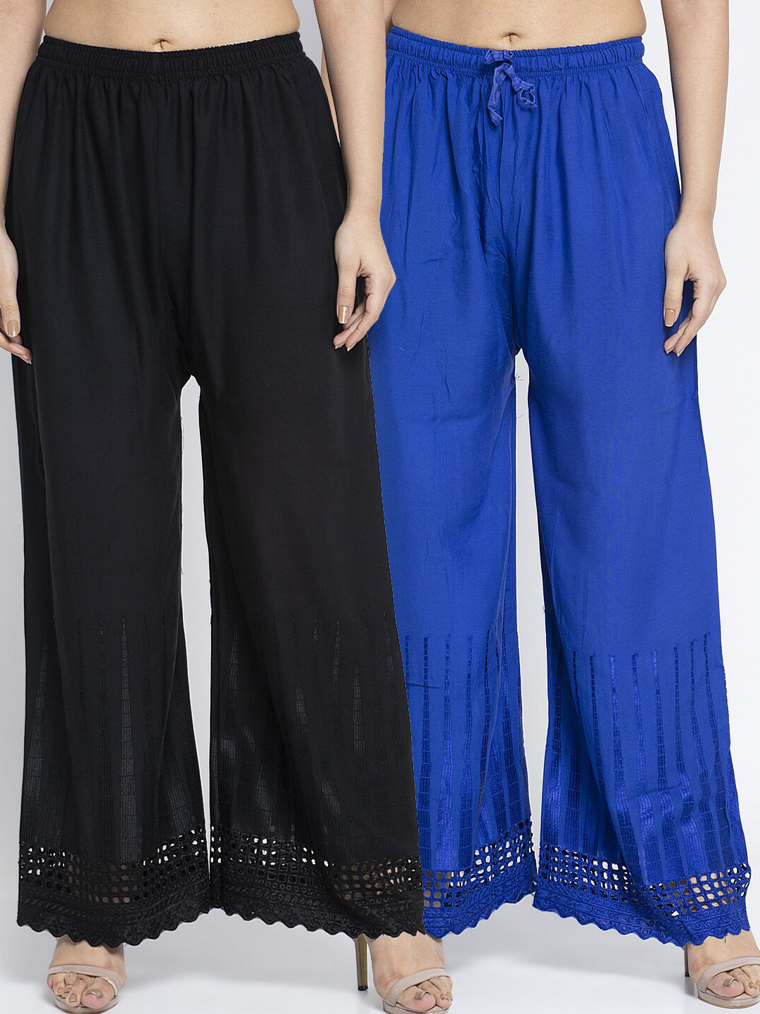 

Jinfo Women Black & Blue Set of 2 Flared Ethnic Palazzos