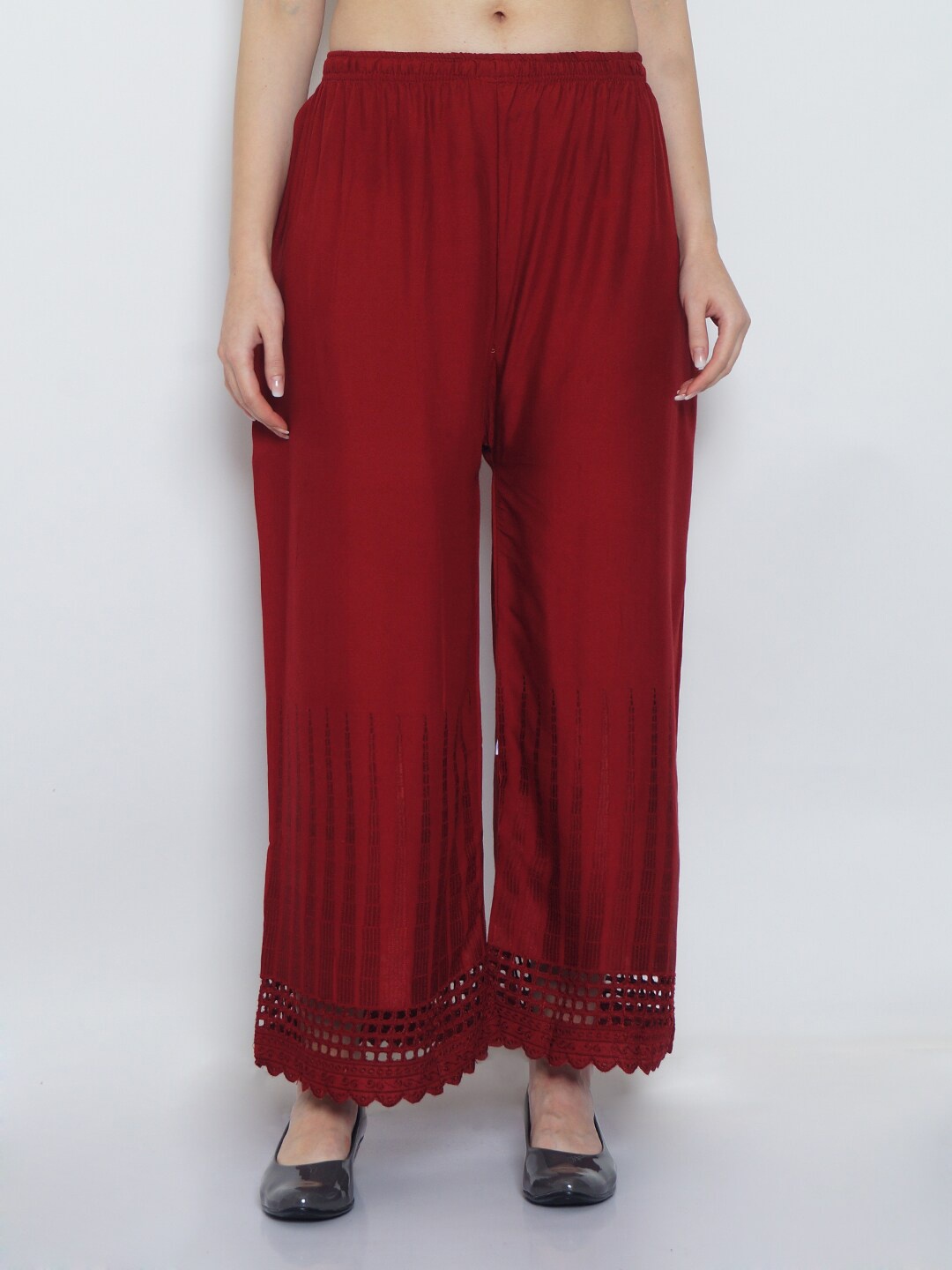 

Jinfo Women Maroon Printed Flared Knitted Palazzos
