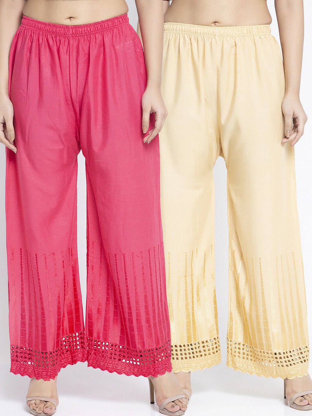 

Jinfo Women Pink & Beige Set of 2 Self Design Flared Ethnic Palazzos