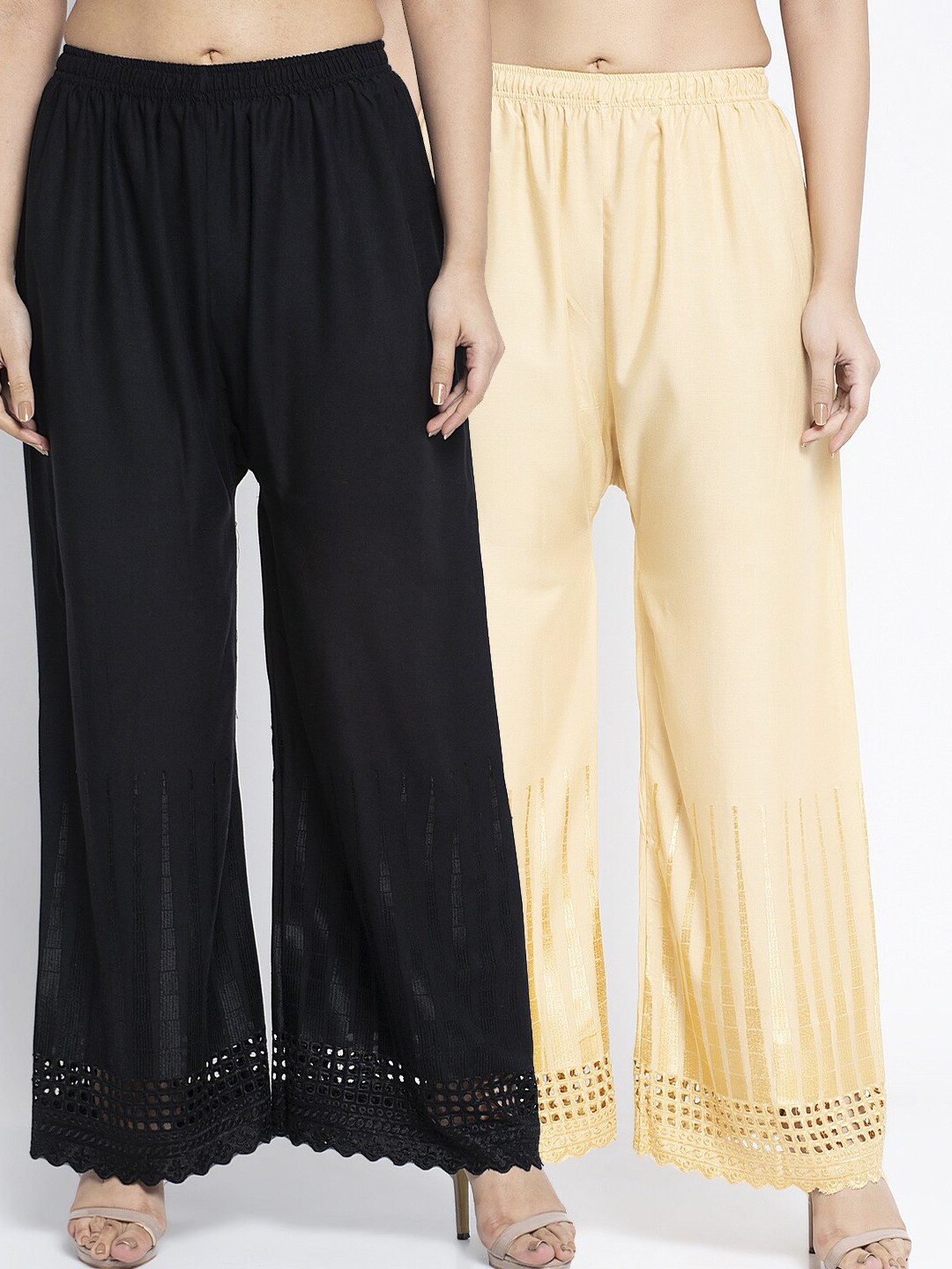 

Jinfo Women Black & Beige Set of 2 Printed Knitted Palazzos