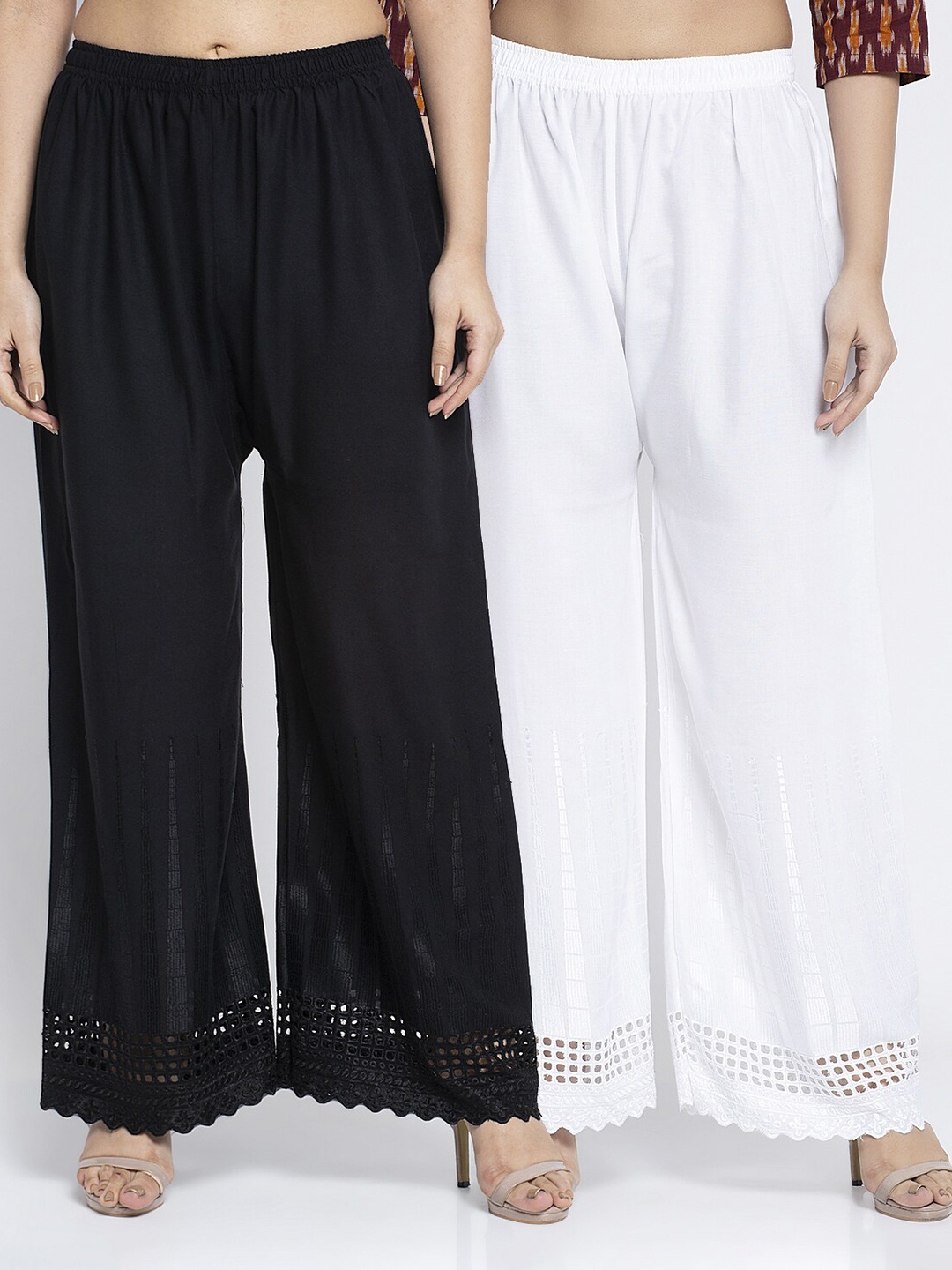 

Jinfo Women Black & White 2 Printed Knitted Ethnic Palazzos