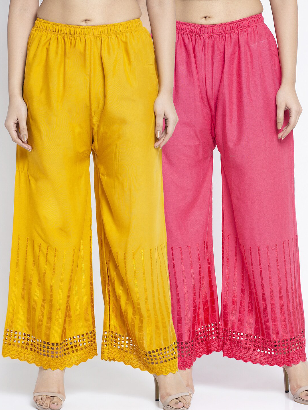 

Jinfo Women Yellow & Pink Set Of 2 Self Design Straight Fit Palazzo