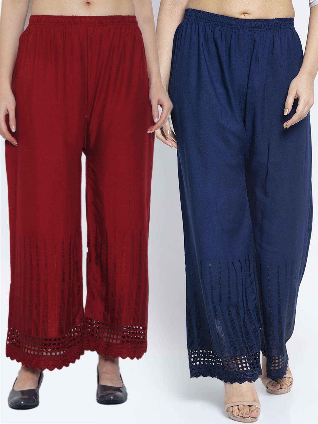 

Jinfo Women Maroon & Navy Blue Set of 2 Self Design Flared Ethnic Palazzos