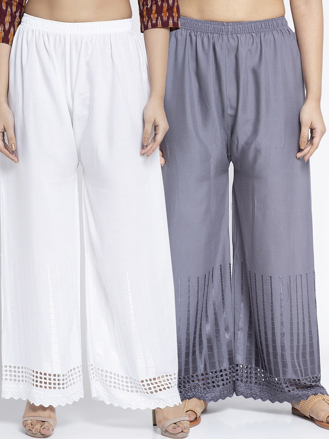 

Jinfo Women White & Grey Set of 2 Self Design Knitted Palazzos
