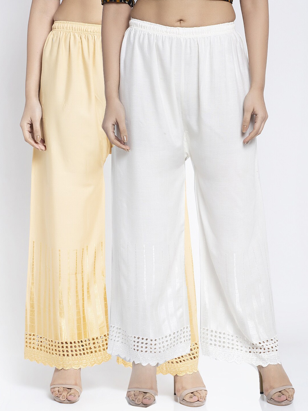 

Jinfo Women Beige & Off-White Set Of 2 Self Design Straight Fit Palazzo