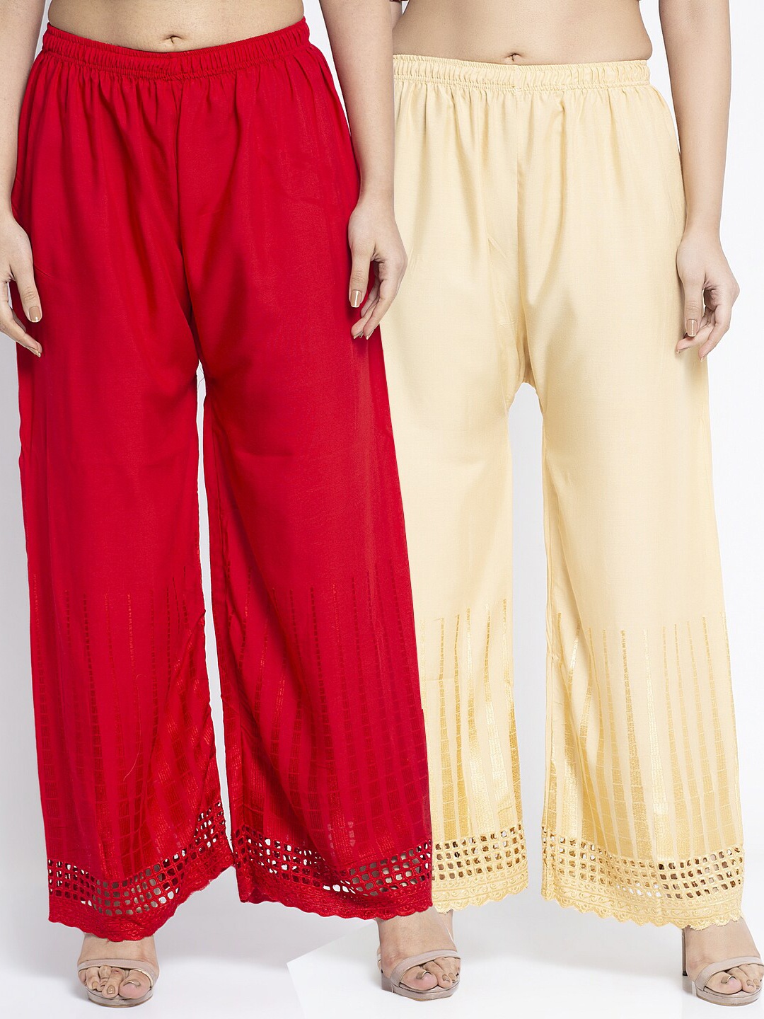 

Jinfo Women Red & Beige Set of 2 Self Design Flared Knitted Ethnic Palazzos
