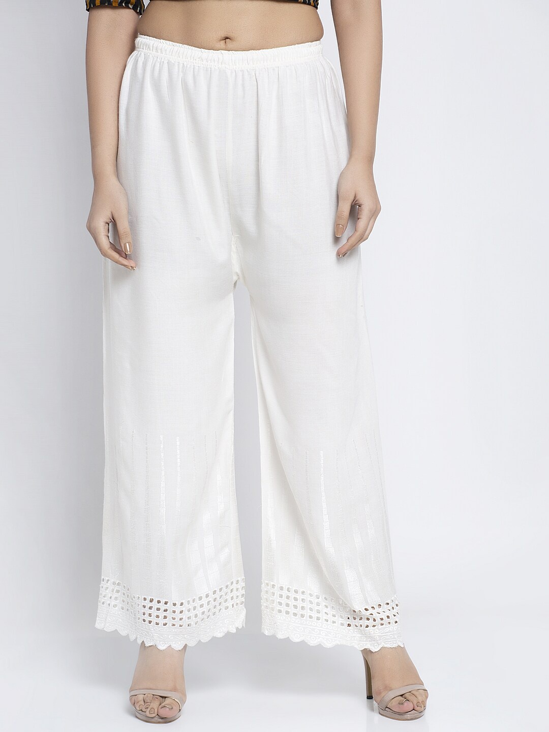 

Jinfo Women Off-White Self Design Straight Fit Palazzo