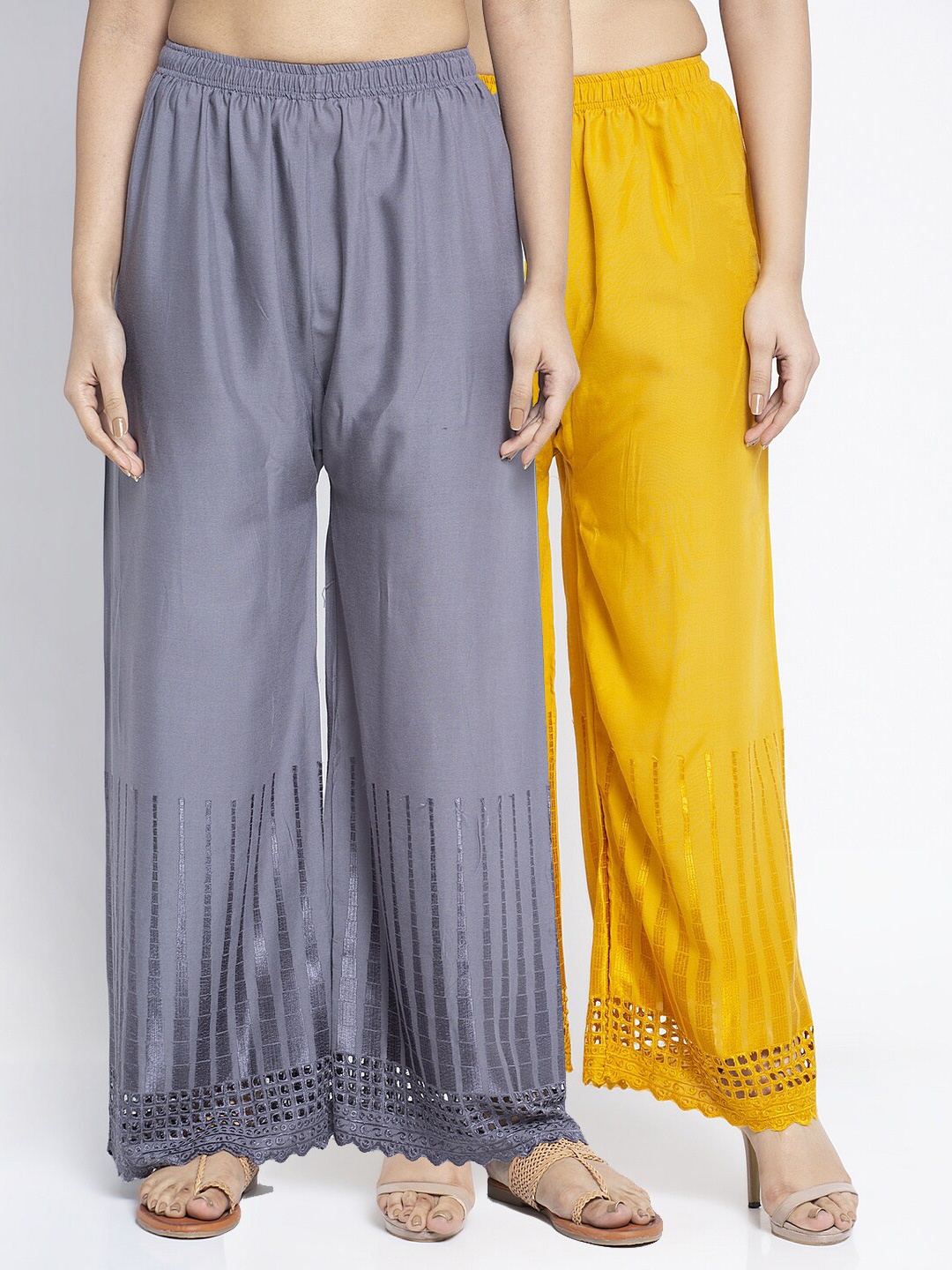 

Jinfo Women Grey & Yellow Set of 2 Self Design Flared Ethnic Palazzos
