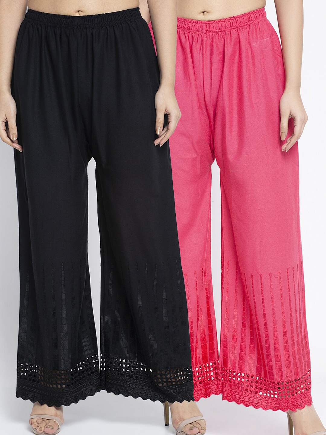 

Jinfo Women Black & Pink 2 Printed Knitted Palazzos