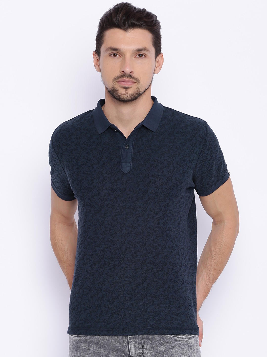 

Basics Men Navy Printed Muscle Fit Polo T-shirt, Navy blue