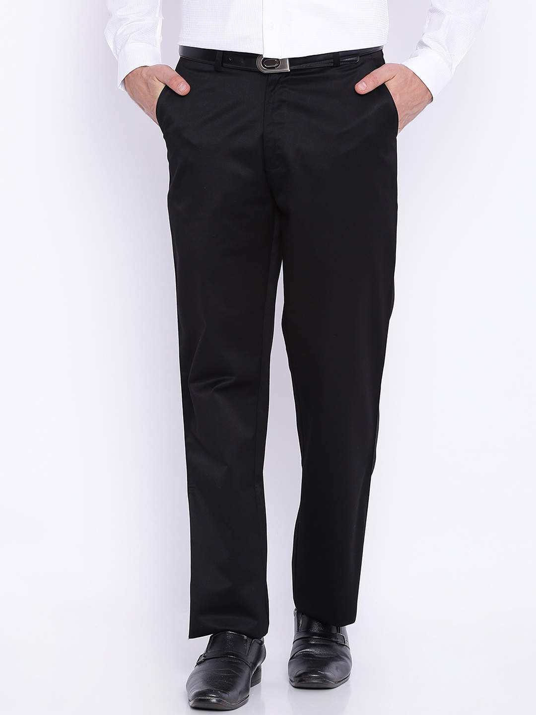 

Basics Men Black Solid Comfort Fit Flat-Front Trousers