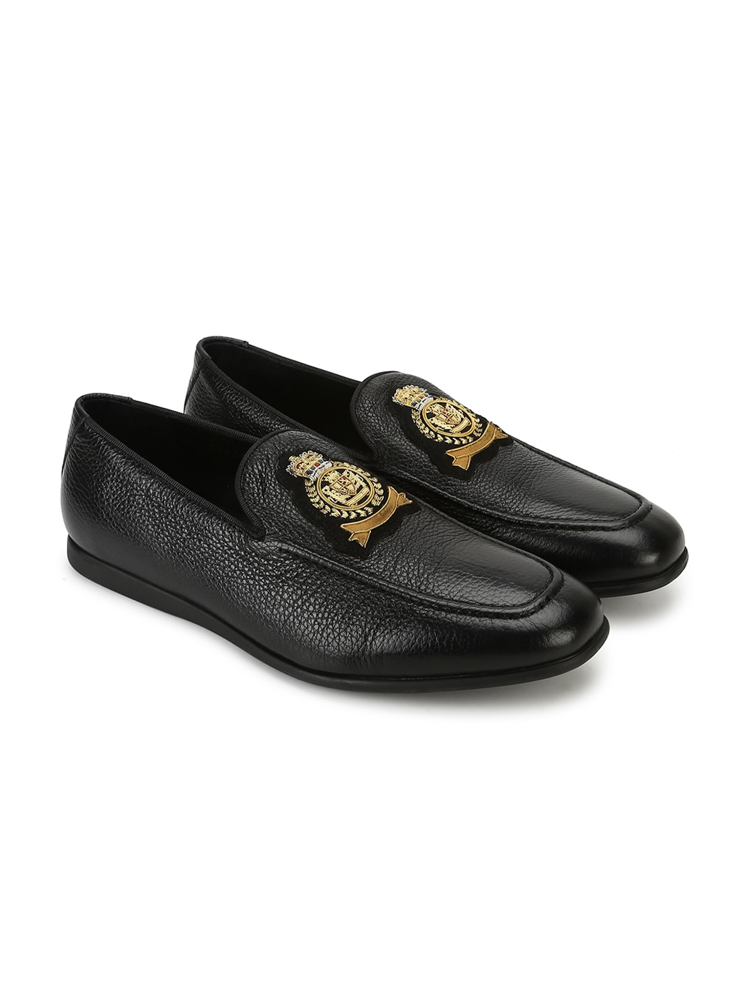 

MOLYER Men Black Textured Loafers With Embroidered Detail