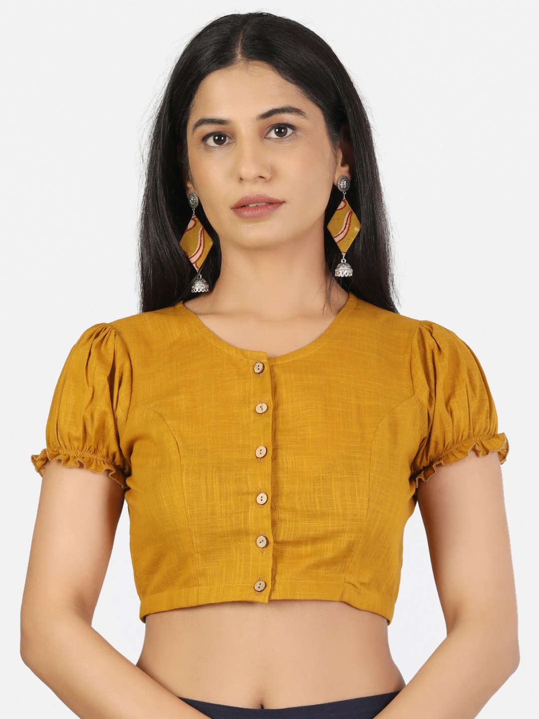 

Llajja Women Mustard Solid Pure Cotton Saree Blouse