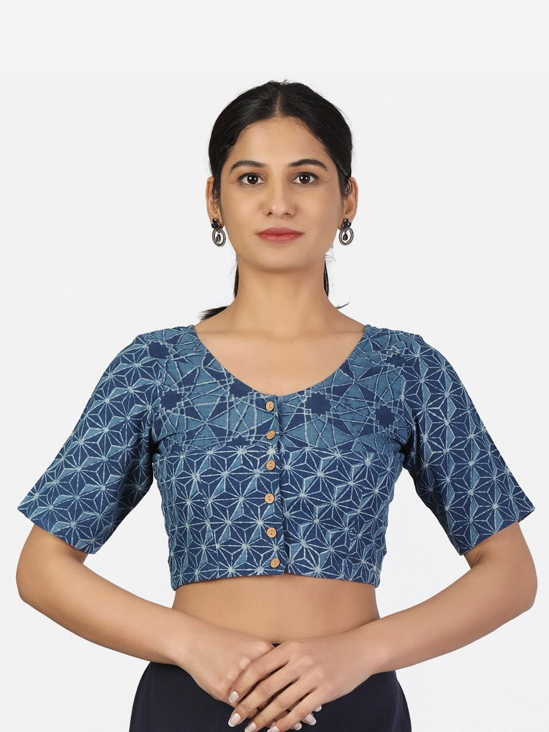 

Llajja Women Blue Printed Non Padded Pure Cotton Saree Blouse