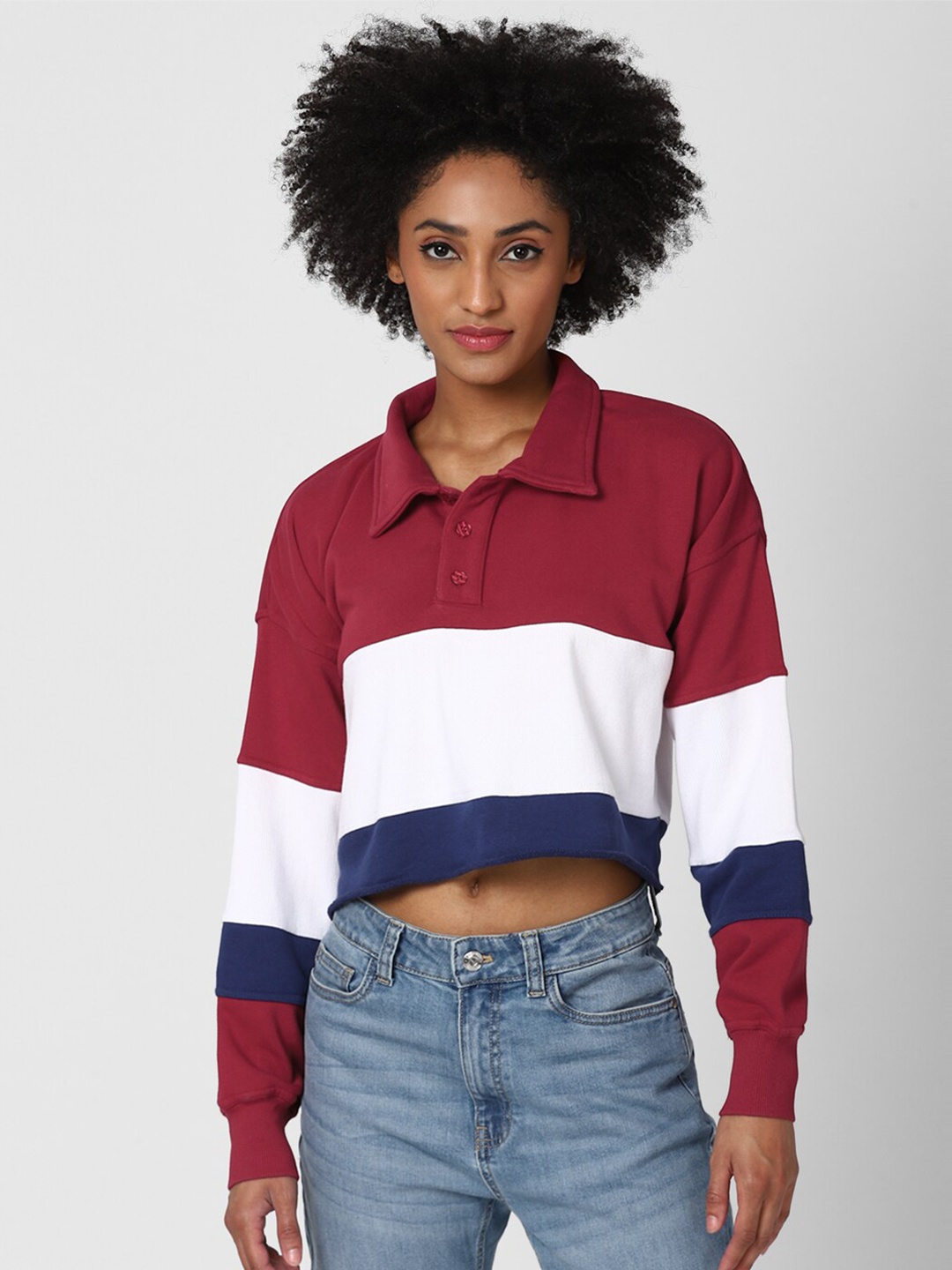

FOREVER 21 Women Burgundy Colourblocked Sweatshirt