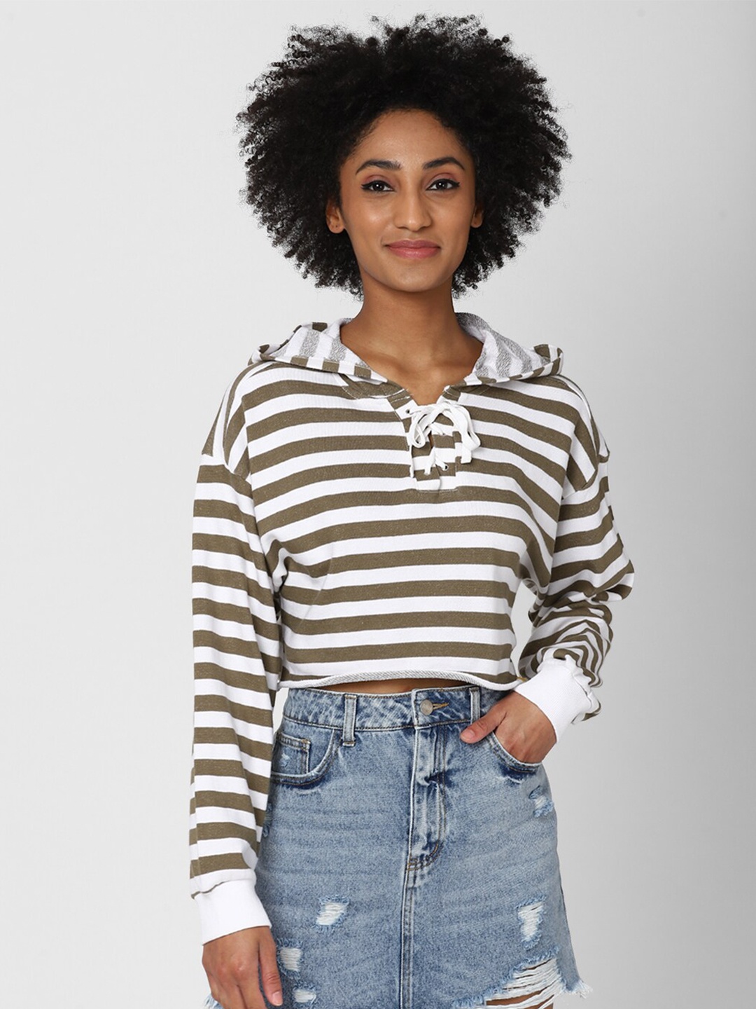 

FOREVER 21 Women Brown Striped Hooded Sweatshirt