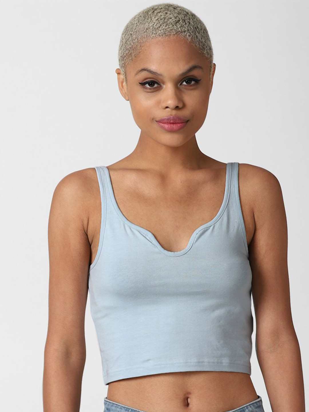 

FOREVER 21 Blue Solid Fitted Crop Top