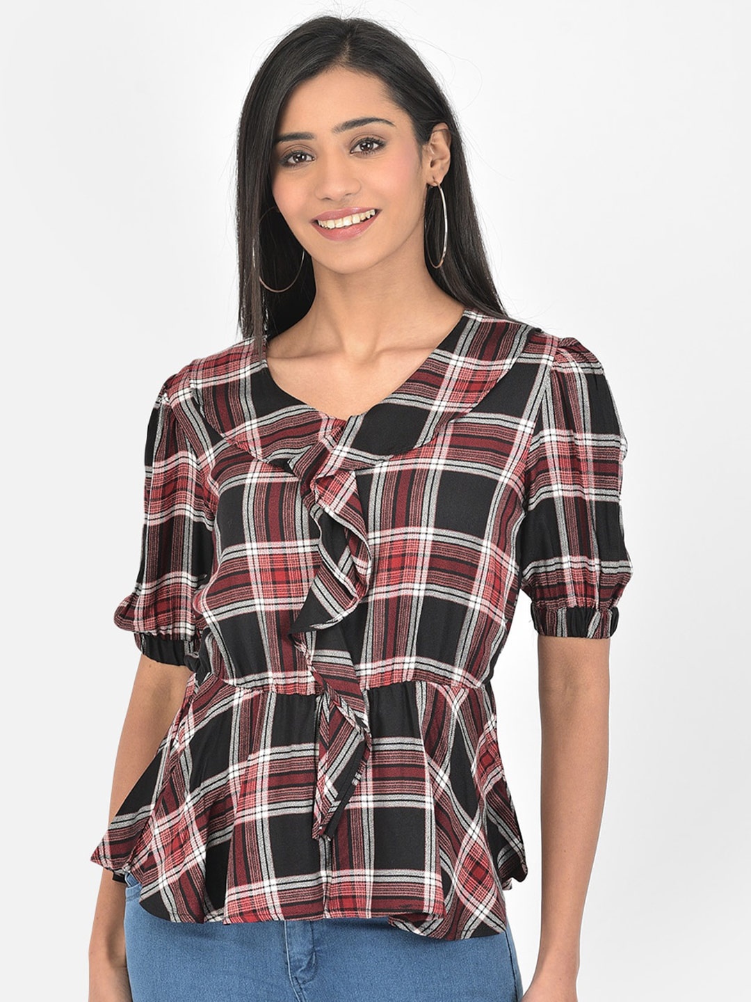 

Latin Quarters Black & Maroon Checked Cinched Waist Top
