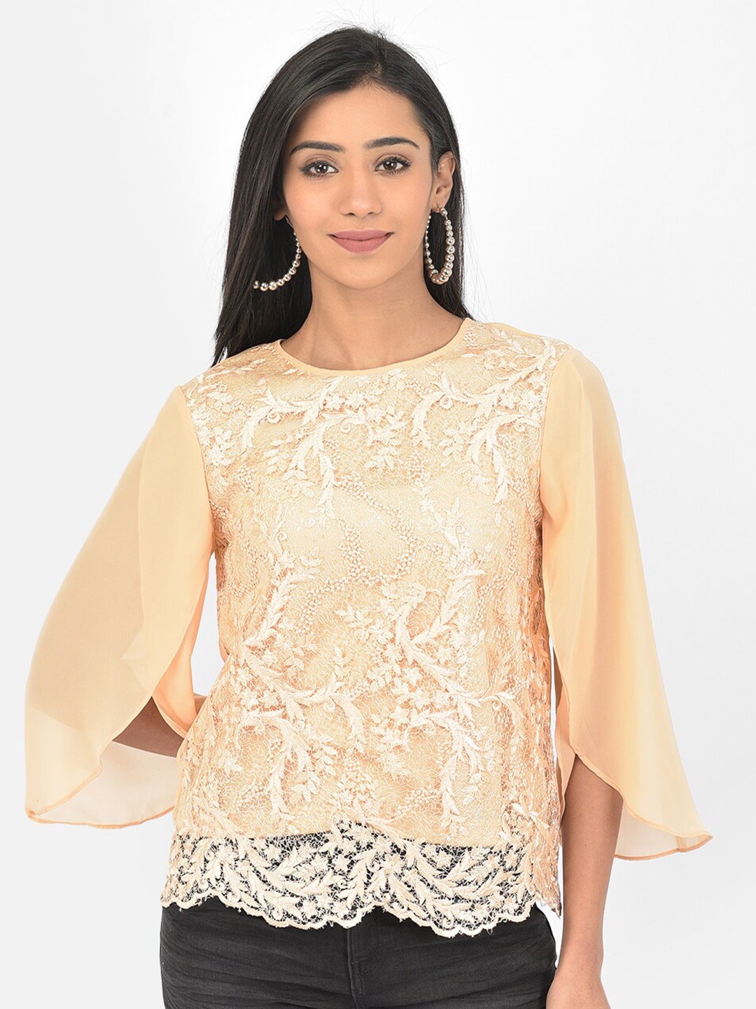 

Latin Quarters Women Peach-Coloured Lacy Top