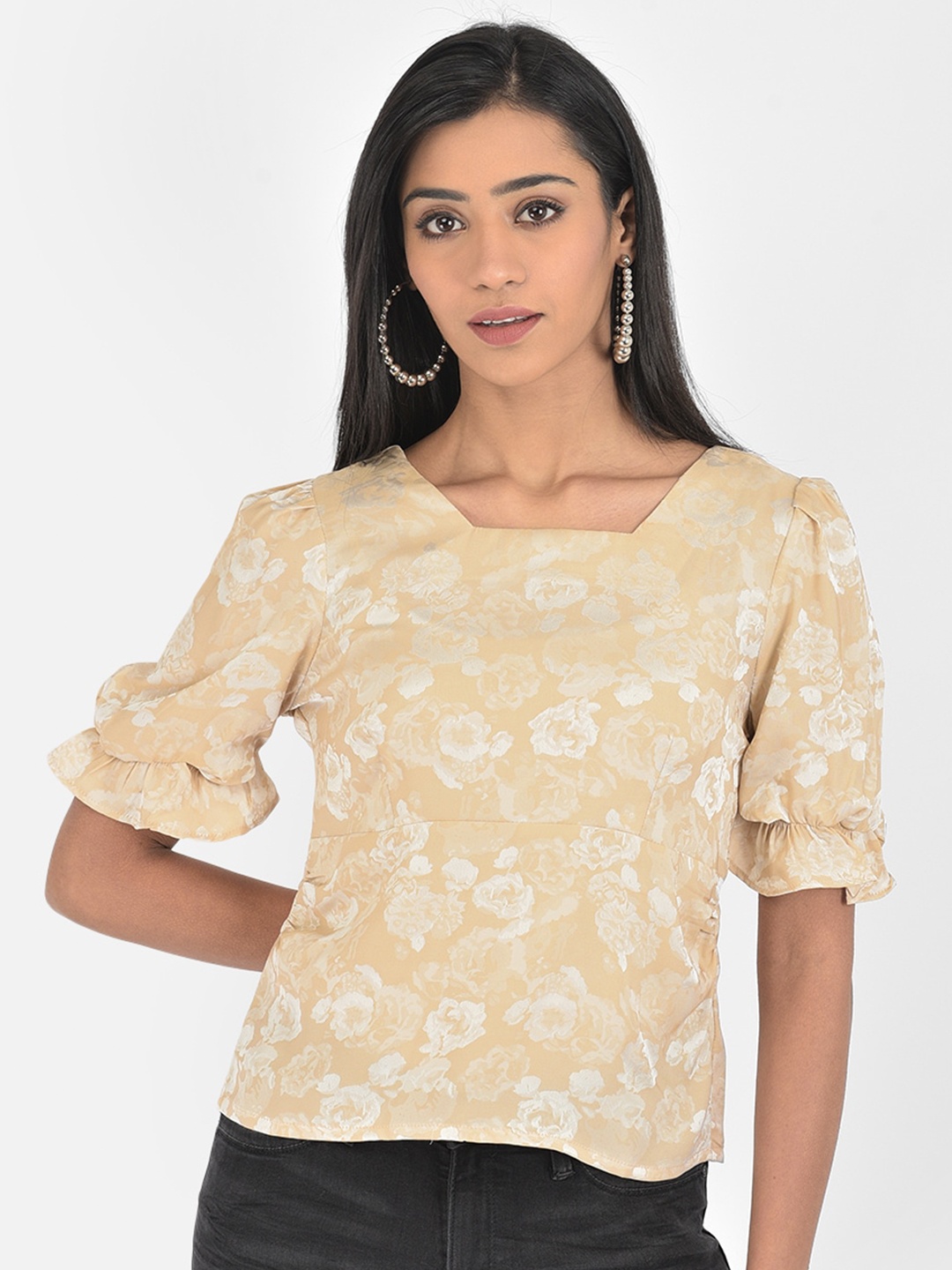 Latin Quarters Women Beige Floral Print Top