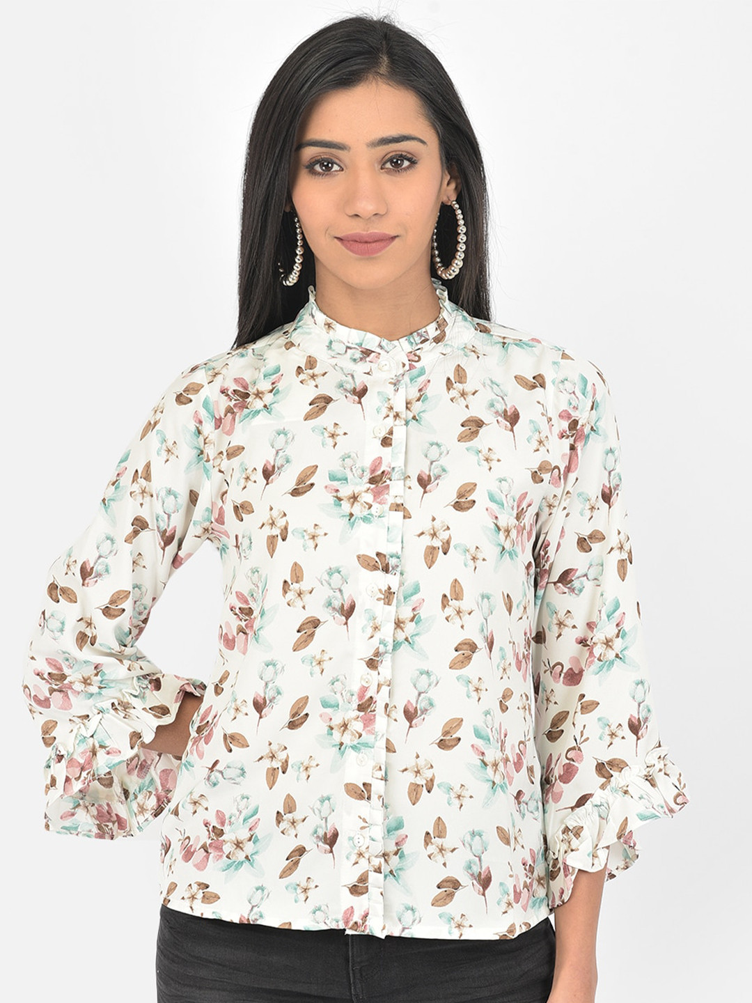 

Latin Quarters Women White Floral Printed Shirt Style Top