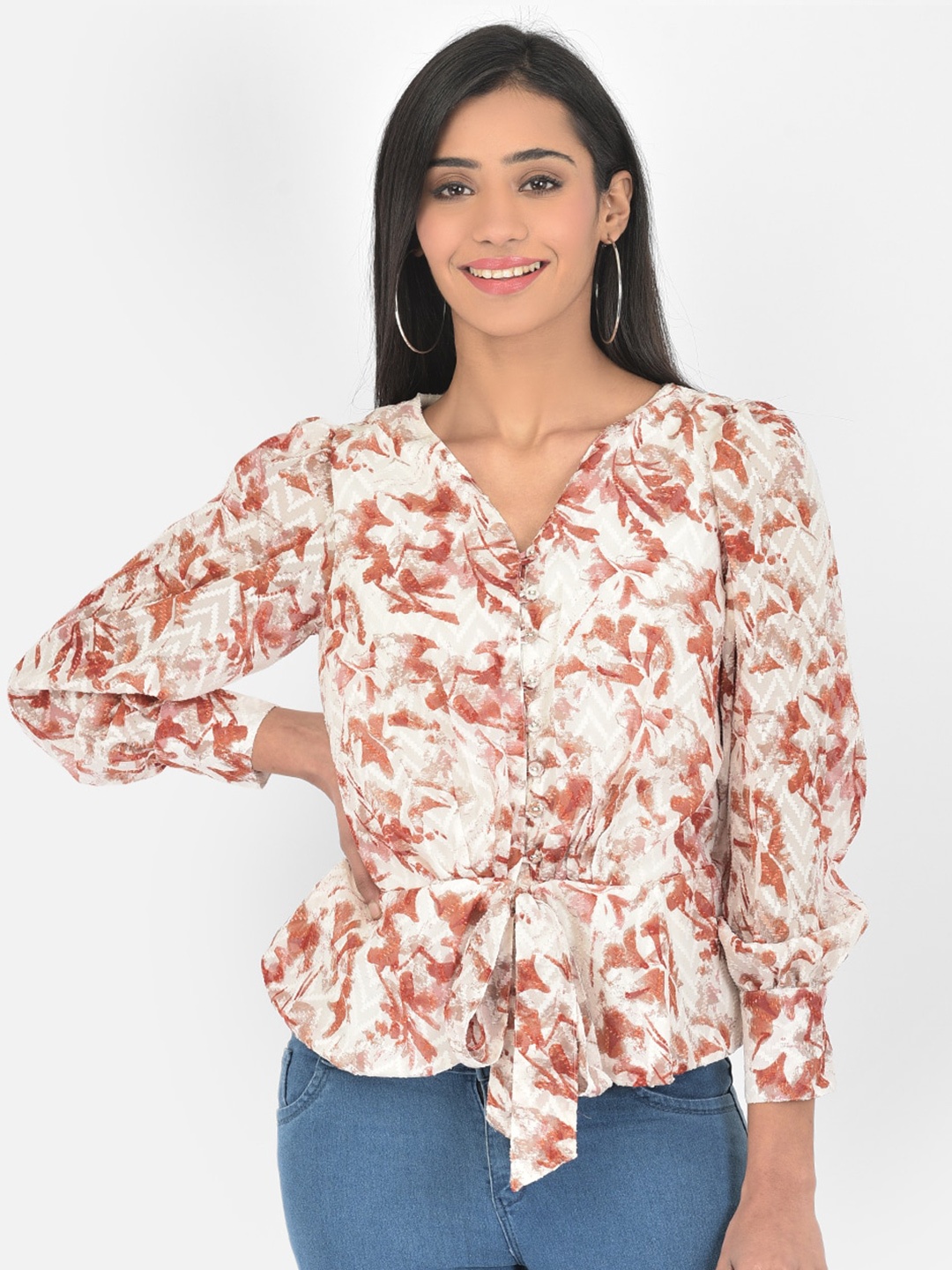 

Latin Quarters Brown & White Floral Print Cinched Waist Top