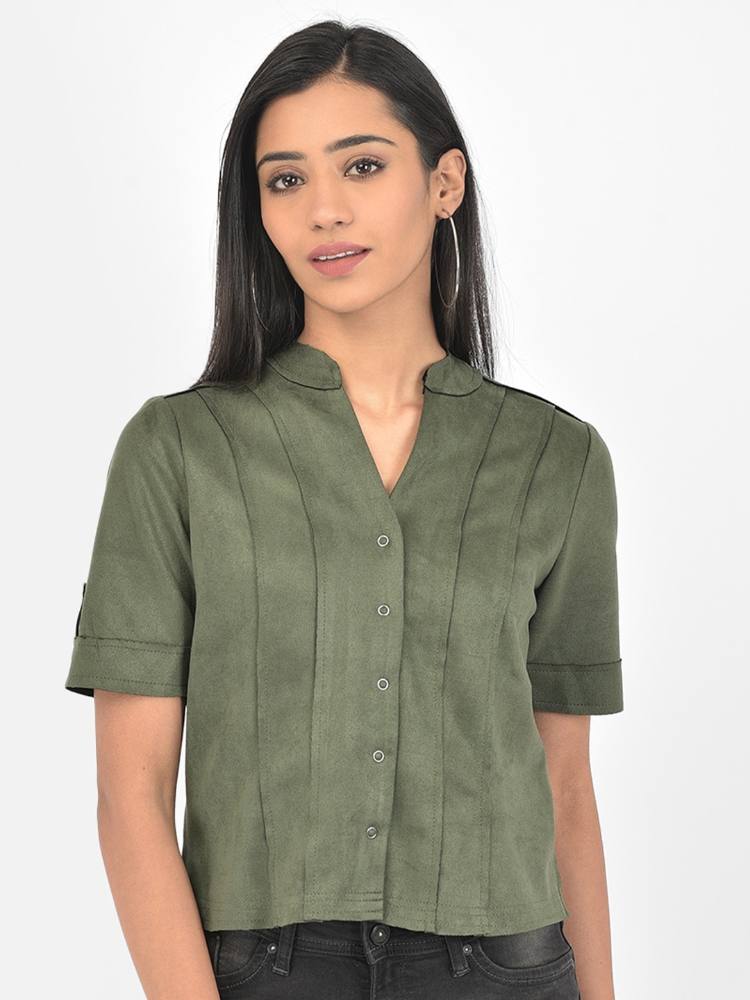 

Latin Quarters Green Mandarin Collar Shirt Style Top