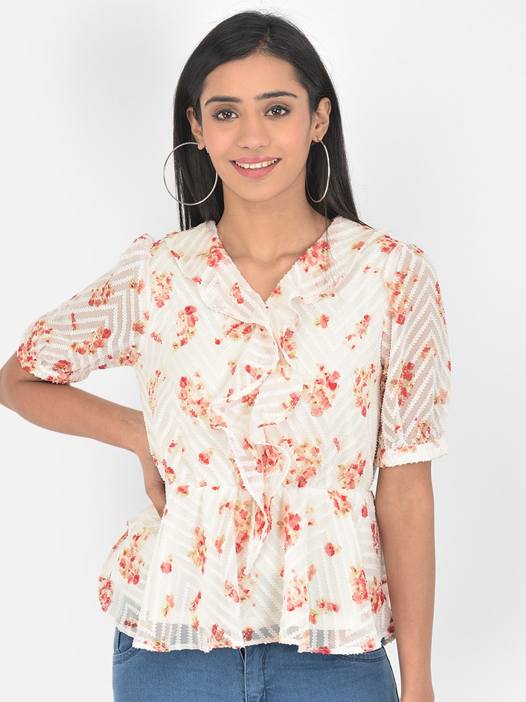 

Latin Quarters White & Coral Floral Print Top