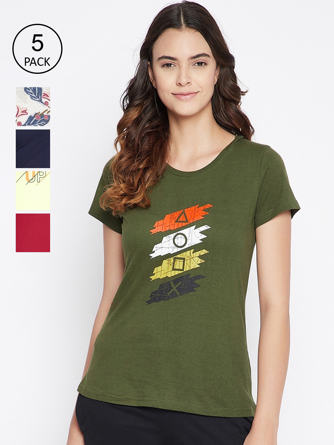 

Clovia Women Pack of 5 Assorted Printed Pure Cotton Lounge T Shirts