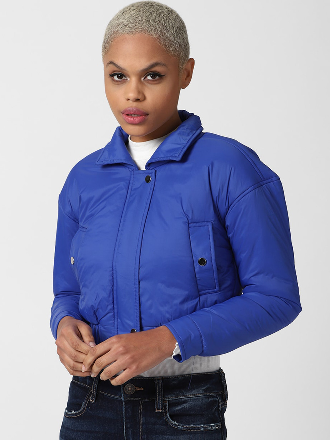

FOREVER 21 Women Blue Cropped Tailored Jacket