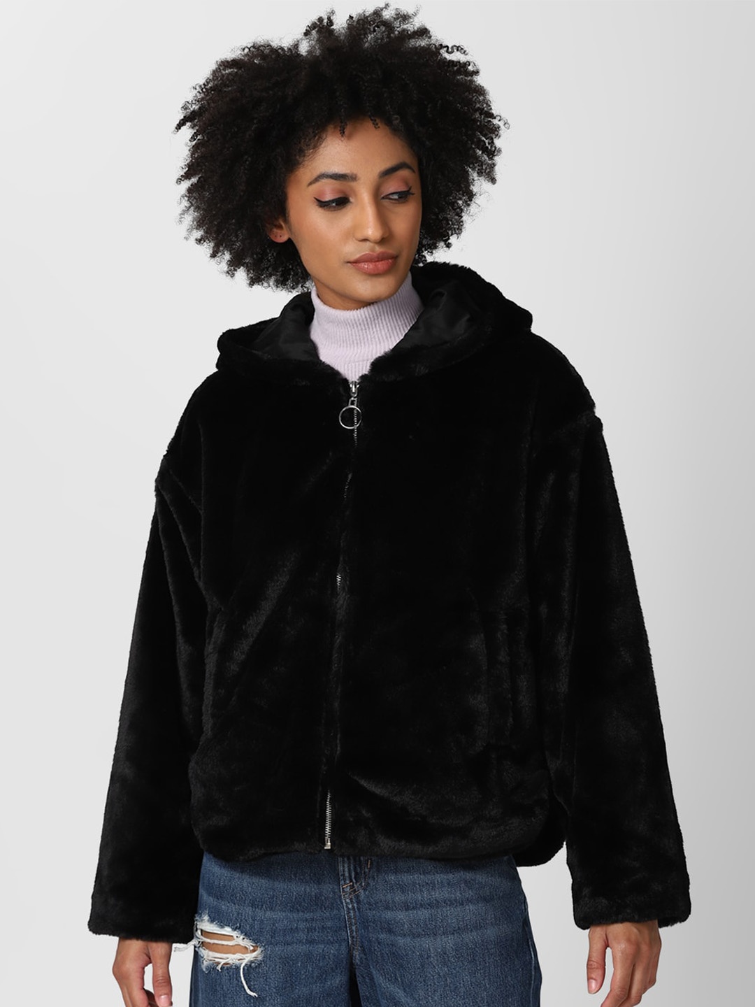 

FOREVER 21 Women Black Hooded Tailored Jacket