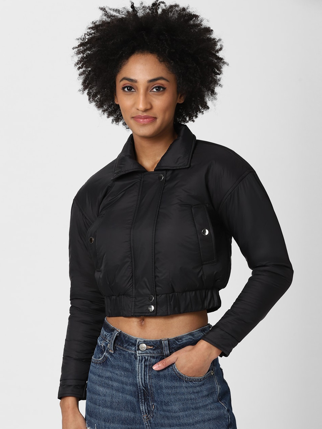 

FOREVER 21 Women Black Washed Crop Bomber Jacket