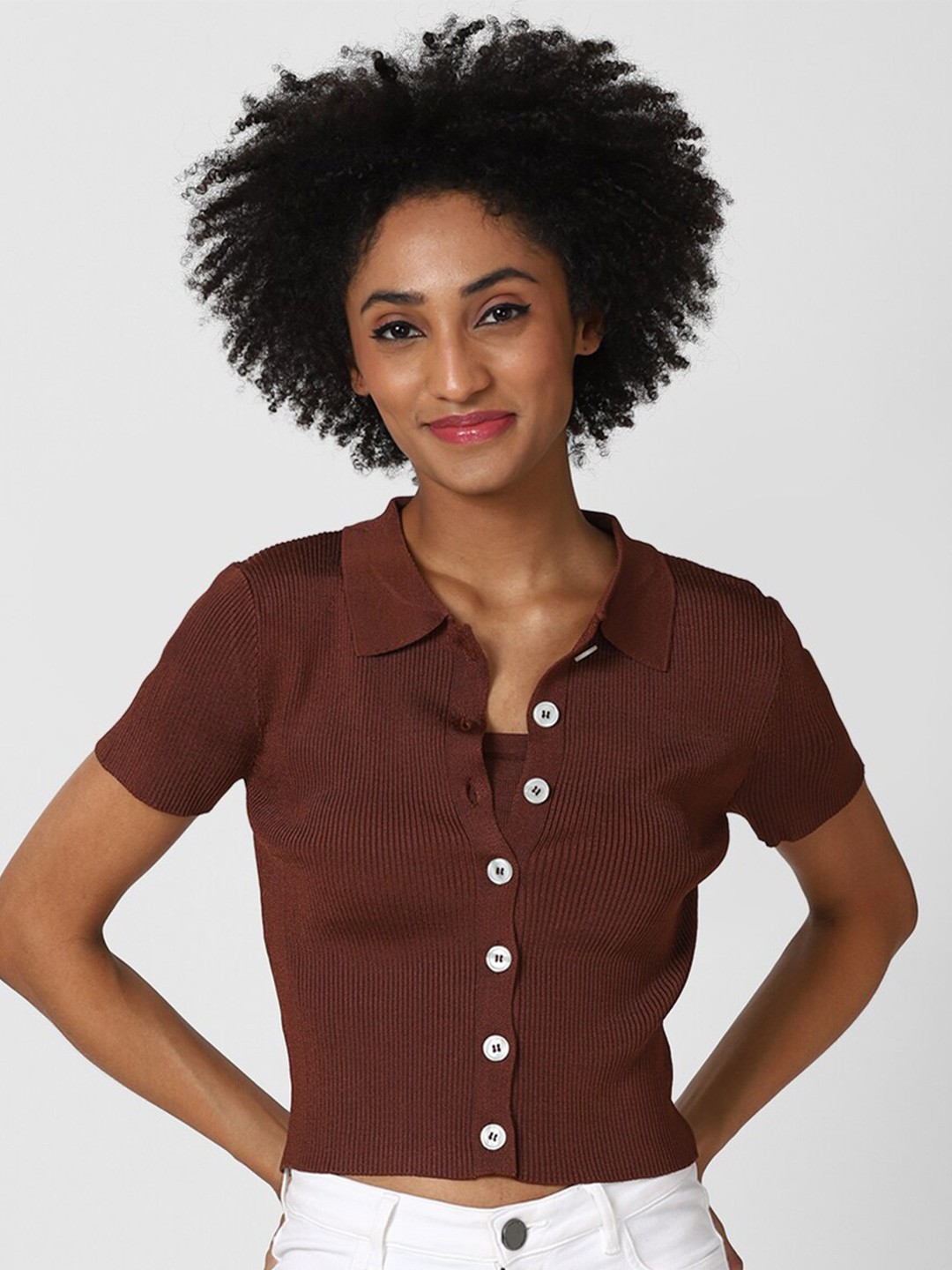 

FOREVER 21 Women Brown Self Design Shirt Style Top