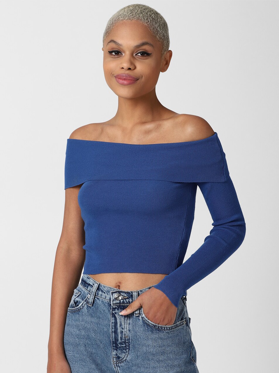 

FOREVER 21 Blue Solid Off-Shoulder Blouson Crop Top
