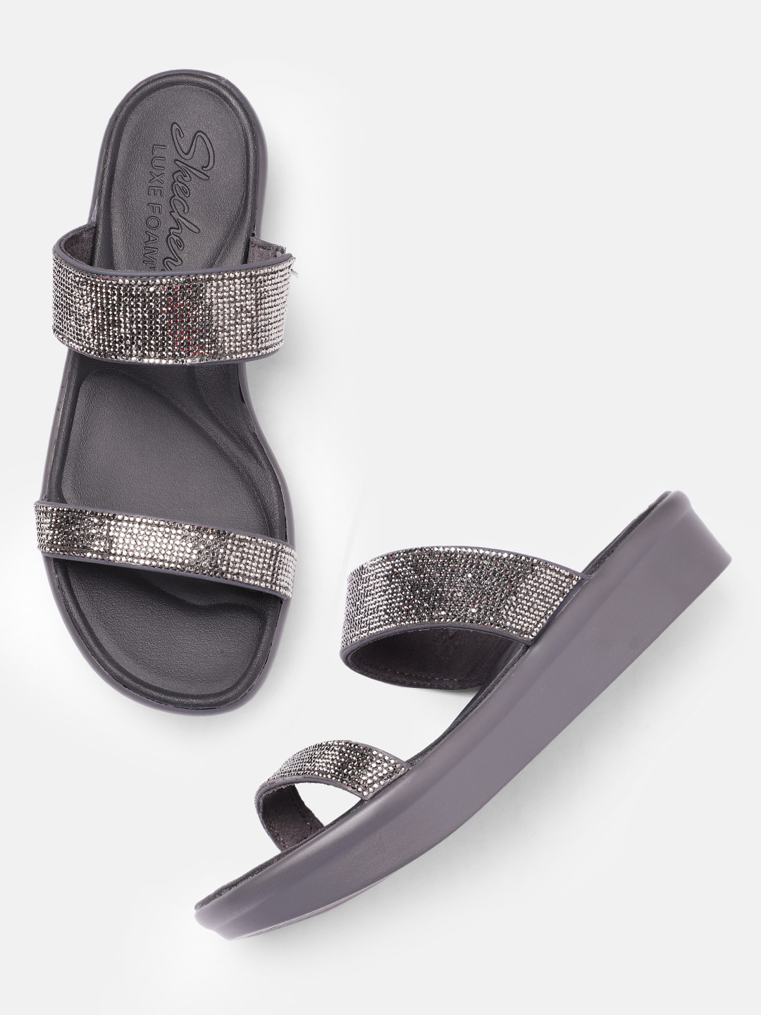 

Skechers Women Gunmetal-Toned BUMBLERS BRIGHT START Embellished Open Toe Flats, Metallic