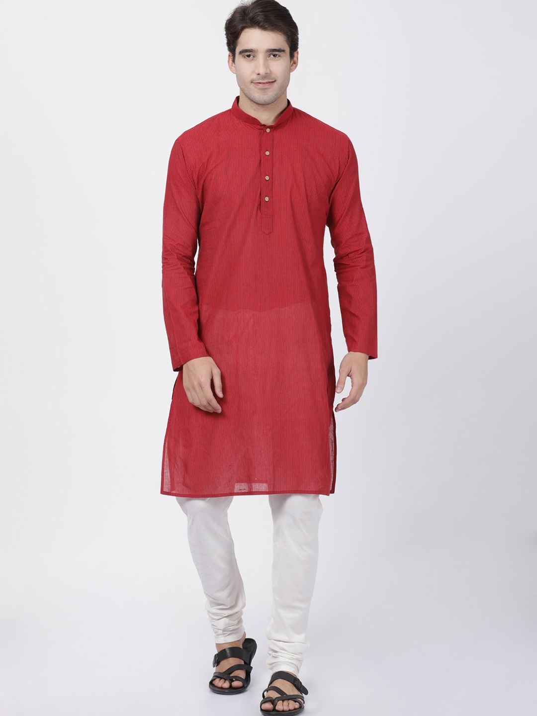

VASTRAMAY Men Red & Cream Coloured Striped Pure Cotton Kurta with Churidar