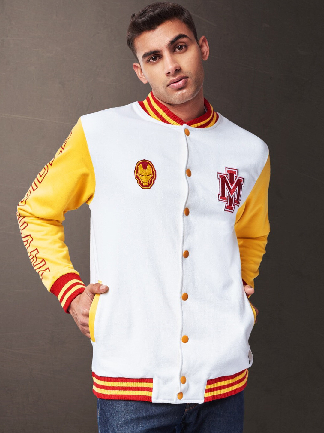 

The Souled Store Men White & Yellow Iron Man Typography Varsity Jacket