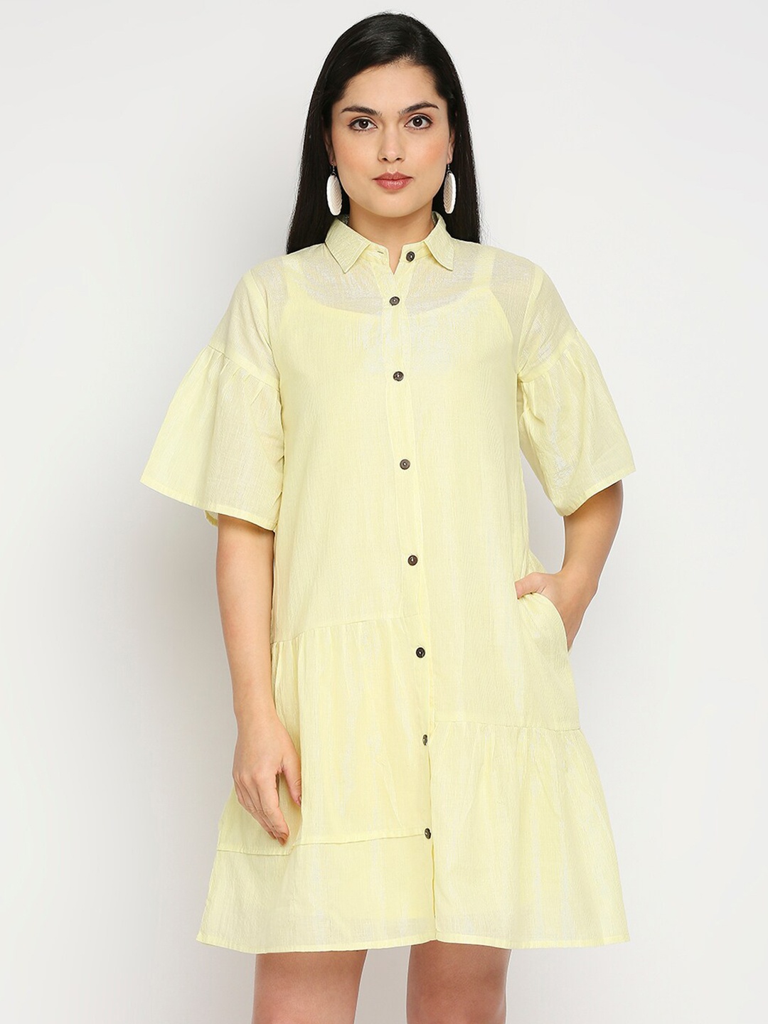 

Kuber Studio Yellow Self Design A-Line Shirt Dress