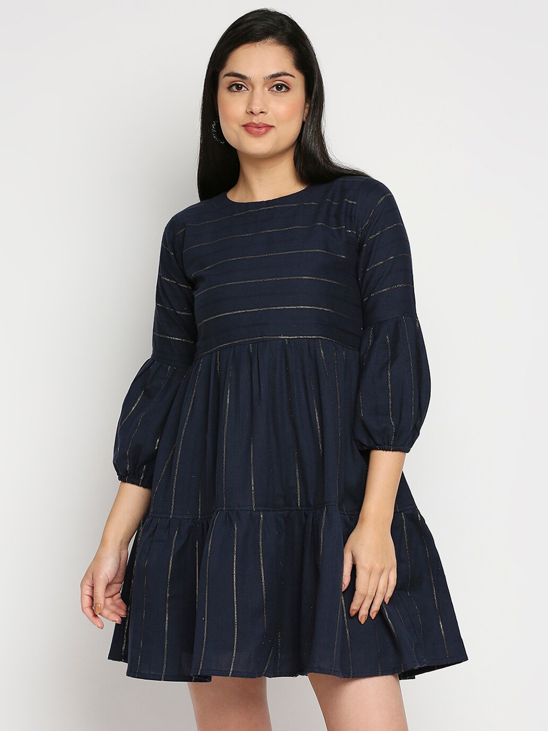 

Kuber Studio Navy Blue Striped Shimmer Tier Cotton Dress