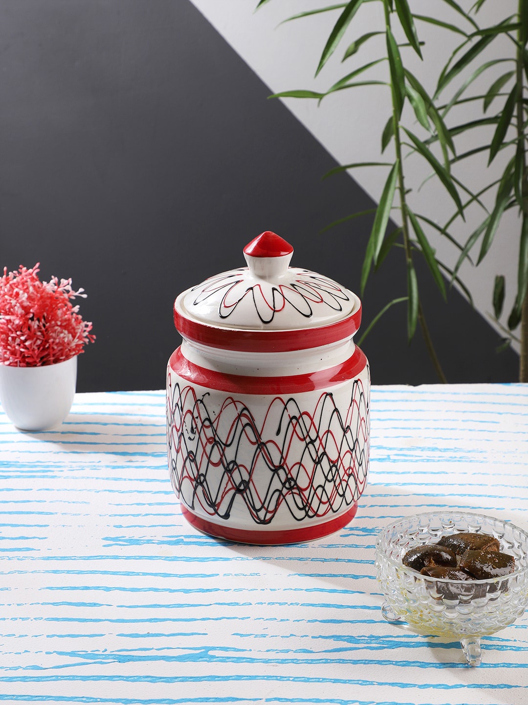 

CDI White & Red Abstract Printed Handcrafted Ceramic Pickle Jar