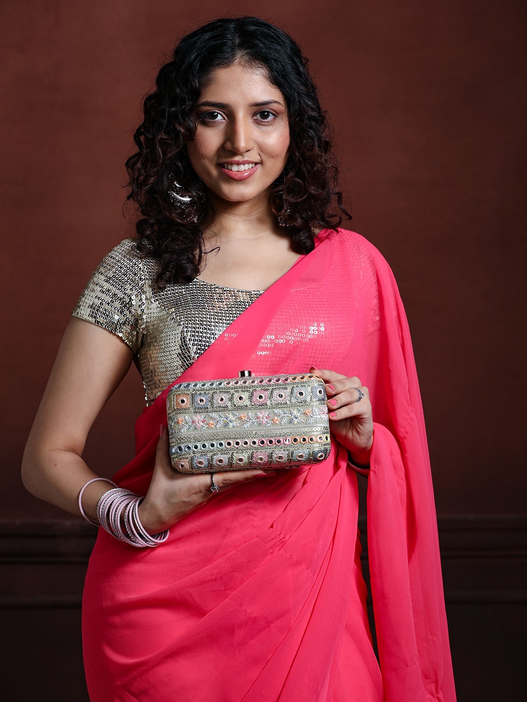 

HORRA Green & Pink Embroidered Box Clutch