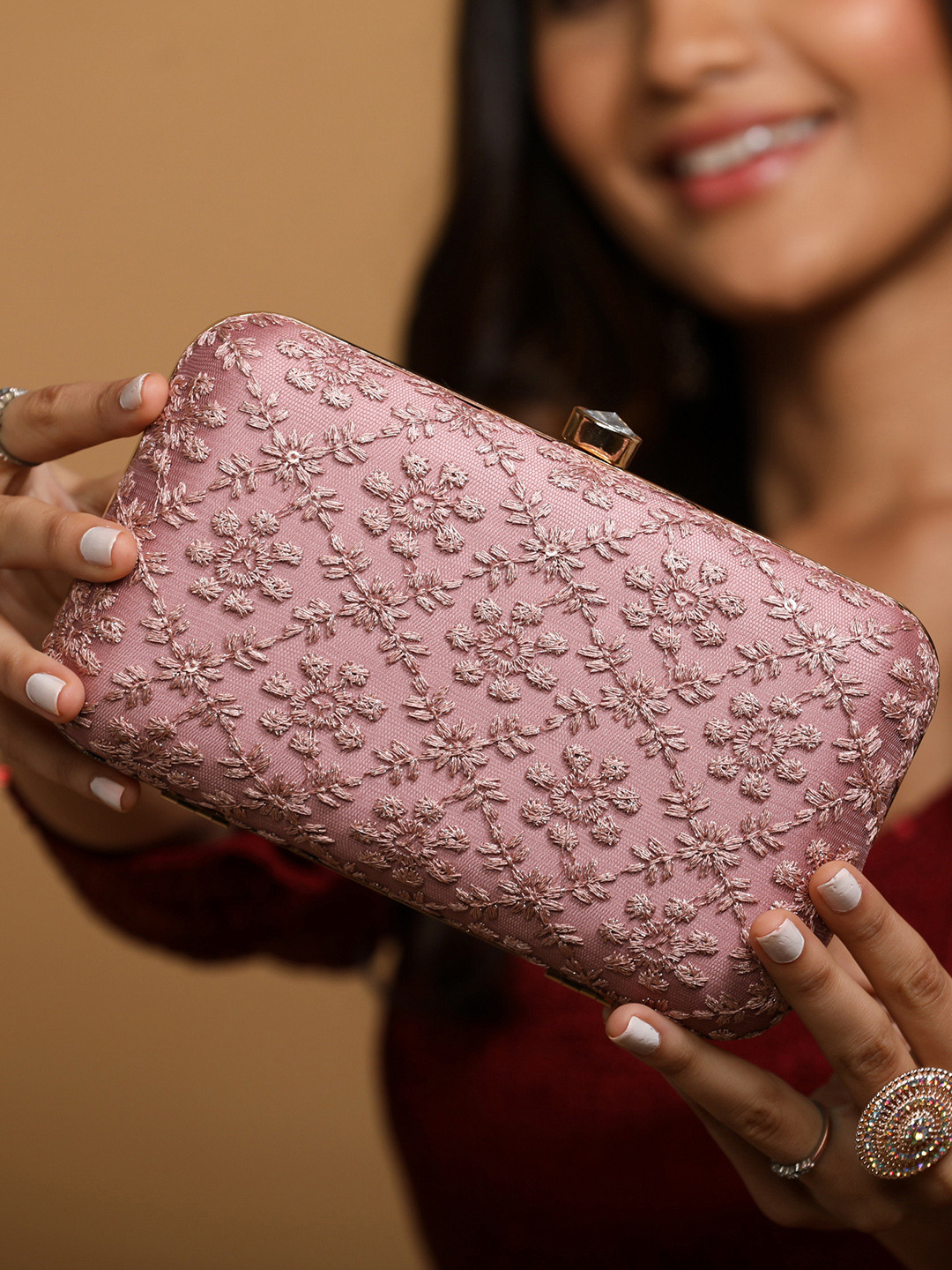 

HORRA Brown & Pink Embroidered Box Clutch