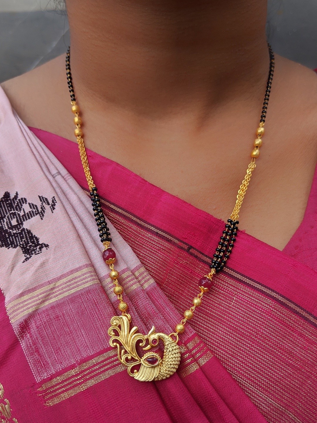 

Digital Dress Room Gold-Plated Pink Stone-Studded & Beaded Mangalsutra