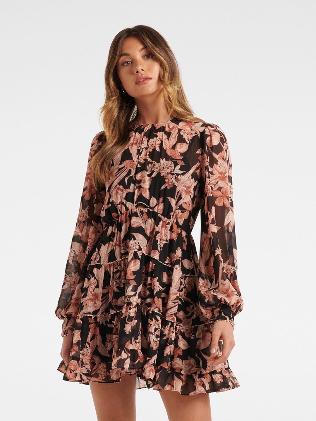 Forever New Black & Pink Floral Printed Mini Dress